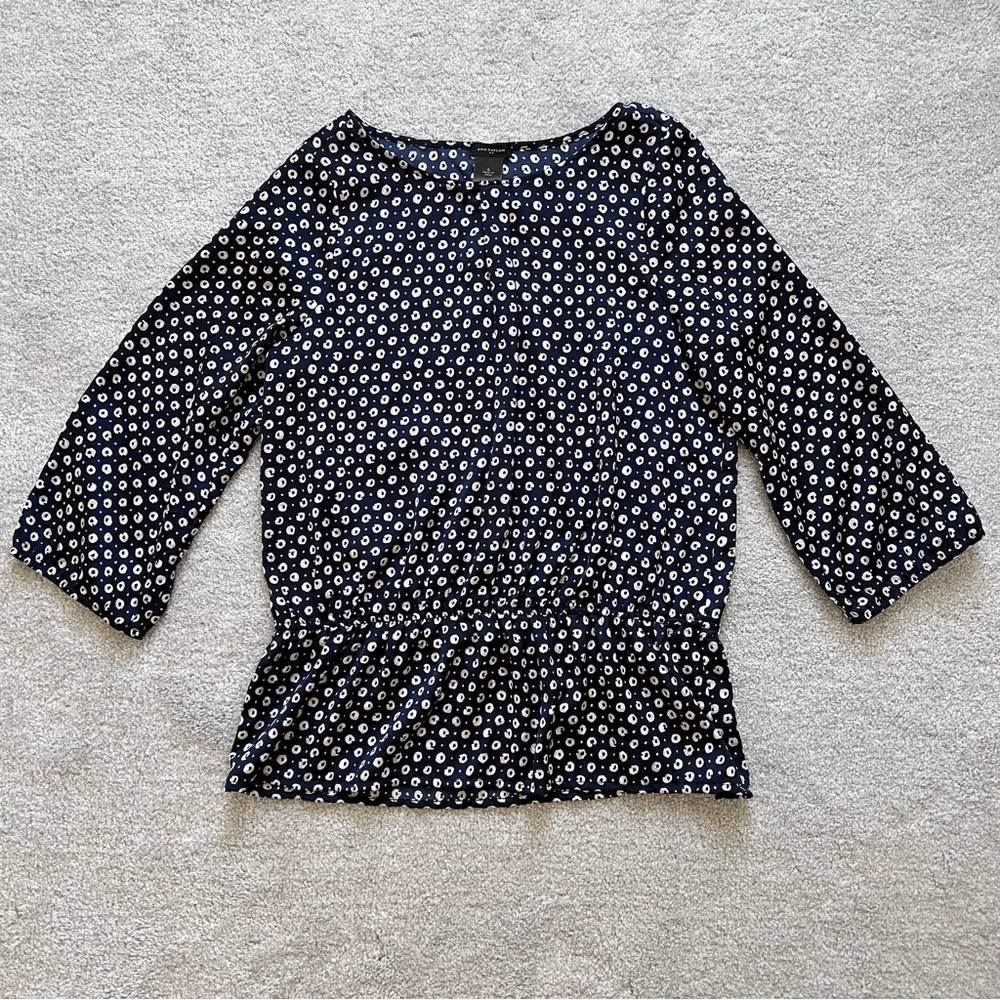 Ann Taylor Navy Blue Polka Dot Elastic Waist Pleated Blouse
